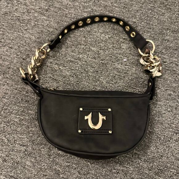 True Religion Suede Chain Hobo Bag Small Black Gold Zip NWT Shoulder - Picture 1 of 3